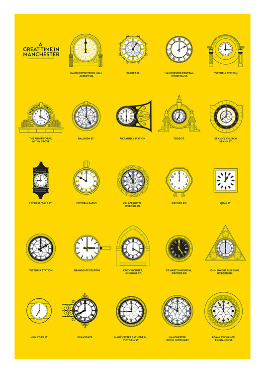 A Great Time in Manchester – Illustrated Clock Art Print