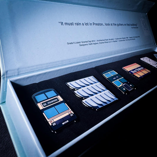 Preston Bus Station Pin badge gift set